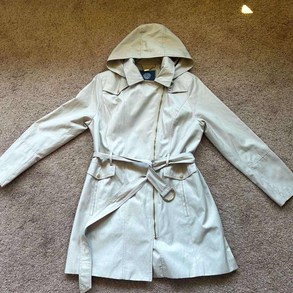 Beige hooded rain jacket
